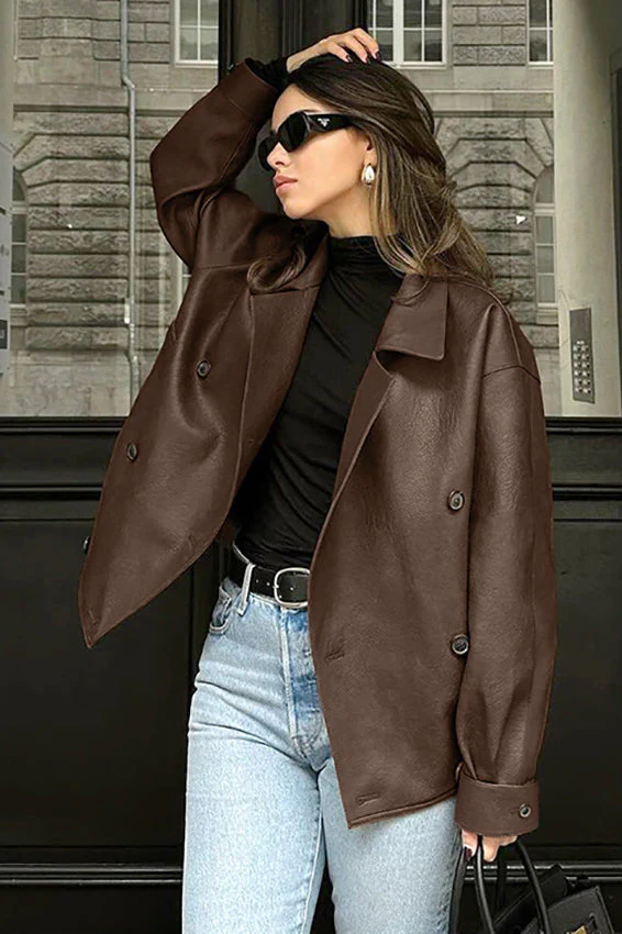 Vintage Brown Leather Blazer Coat - Image 2