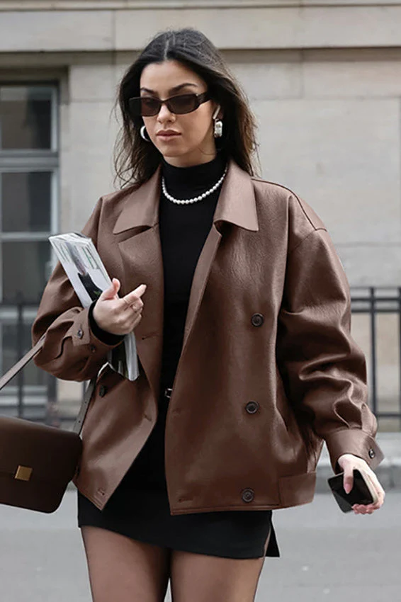Vintage Brown Leather Blazer Coat - Image 3