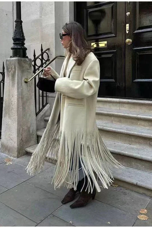 Solid Color Fringe Long Blazer Coat - Image 2
