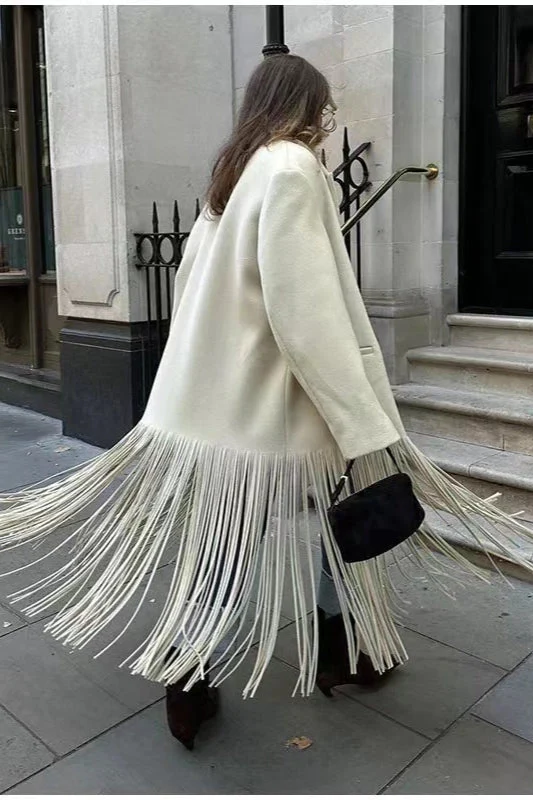 Solid Color Fringe Long Blazer Coat - Image 3