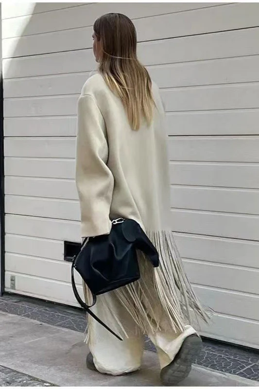 Solid Color Fringe Long Blazer Coat - Image 4