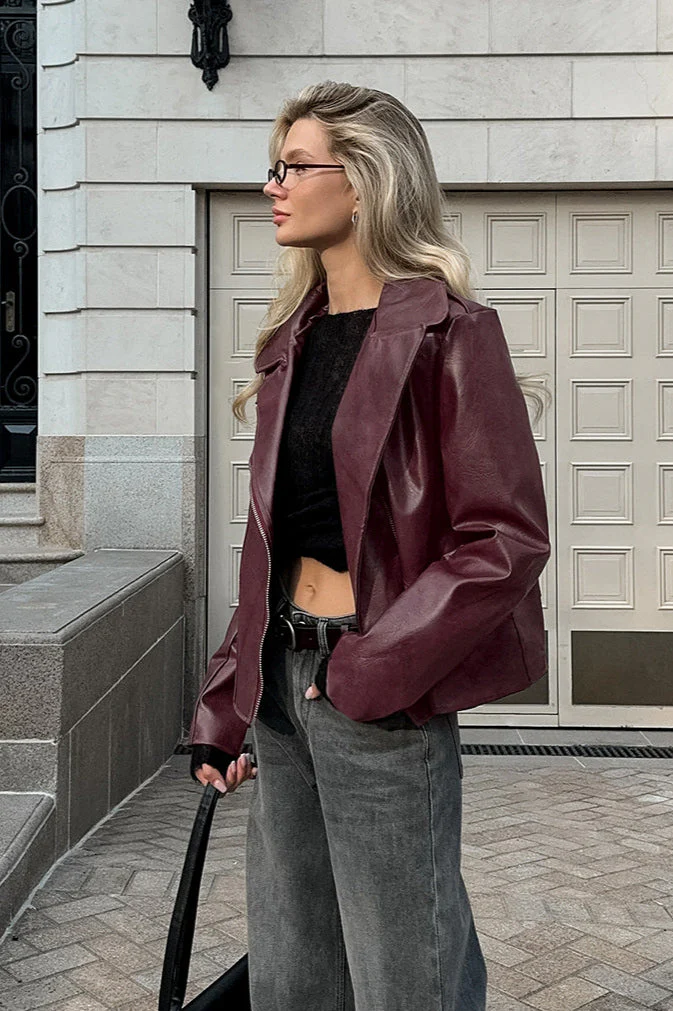 Angora Red PU Leather Blazer Coat - Image 3