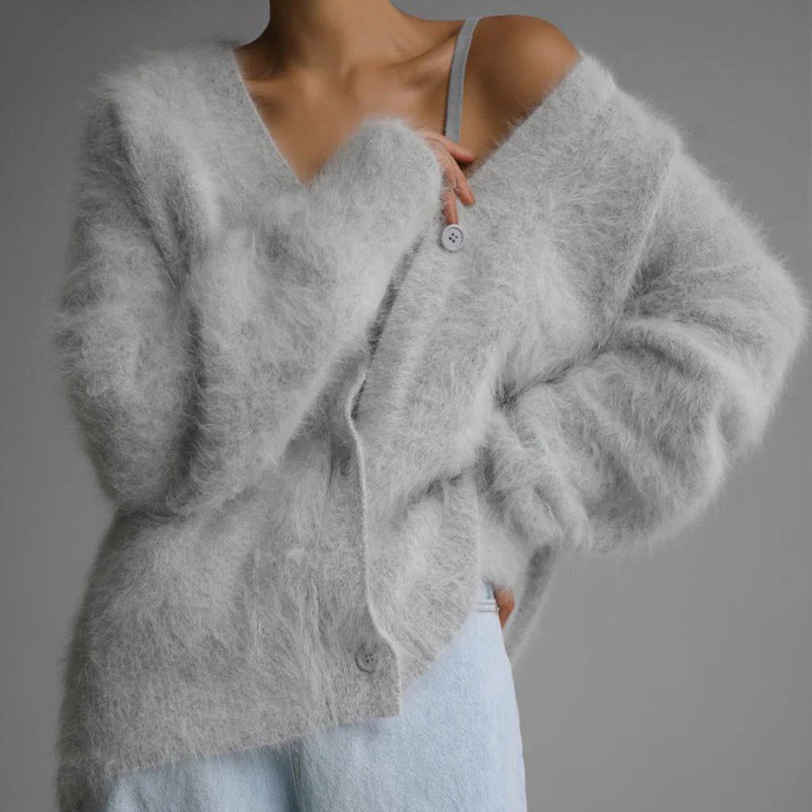 V-Neck Mink Wool Knit Cardigan - Image 3