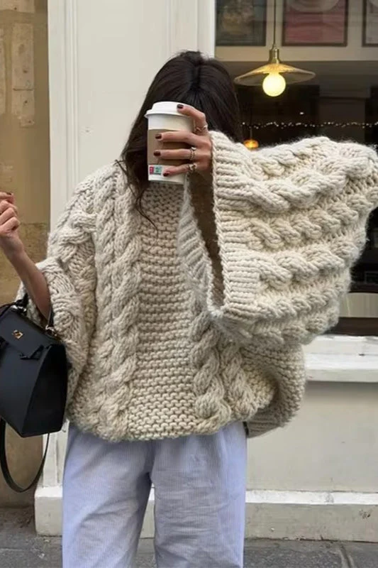 Oversized Cable Knit Crew Neck Sweater - Image 4