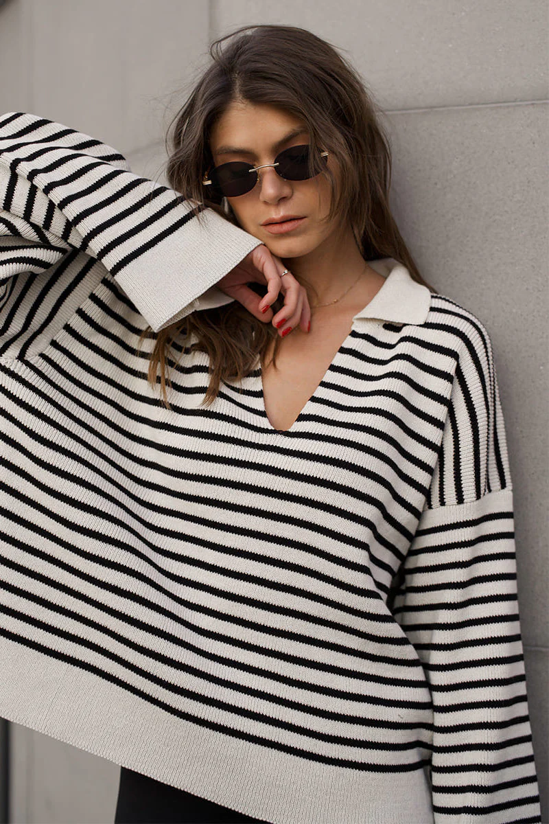 Striped Polo Neck Loose Fit Knit Sweater - Image 2