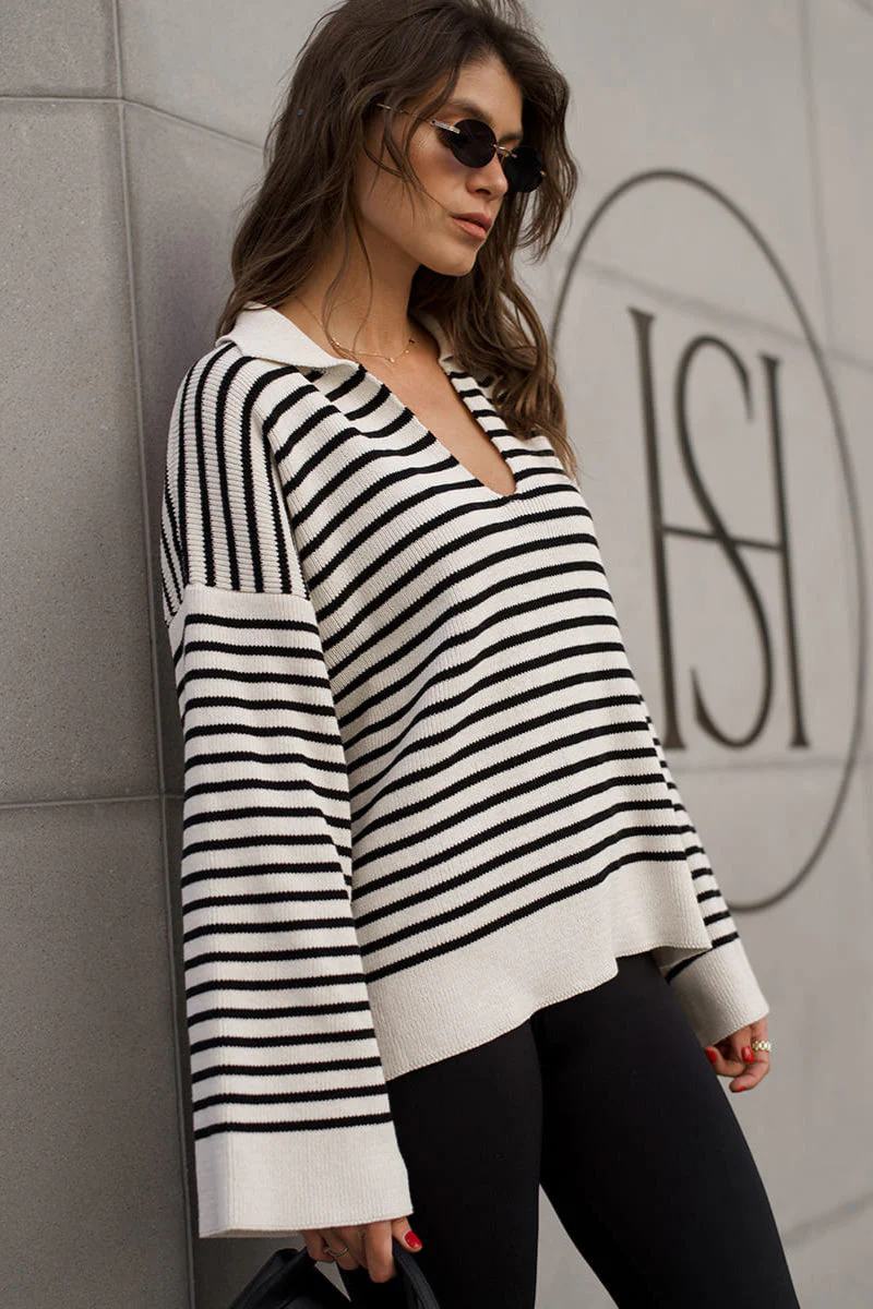Striped Polo Neck Loose Fit Knit Sweater - Image 3