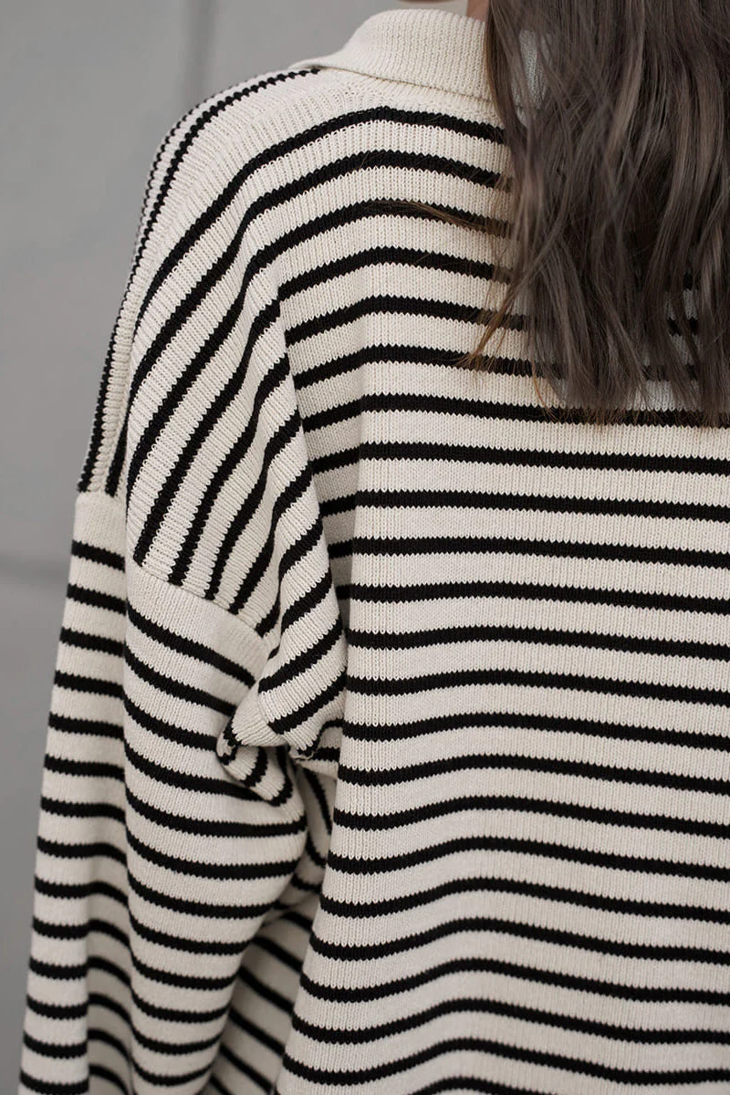 Striped Polo Neck Loose Fit Knit Sweater - Image 4