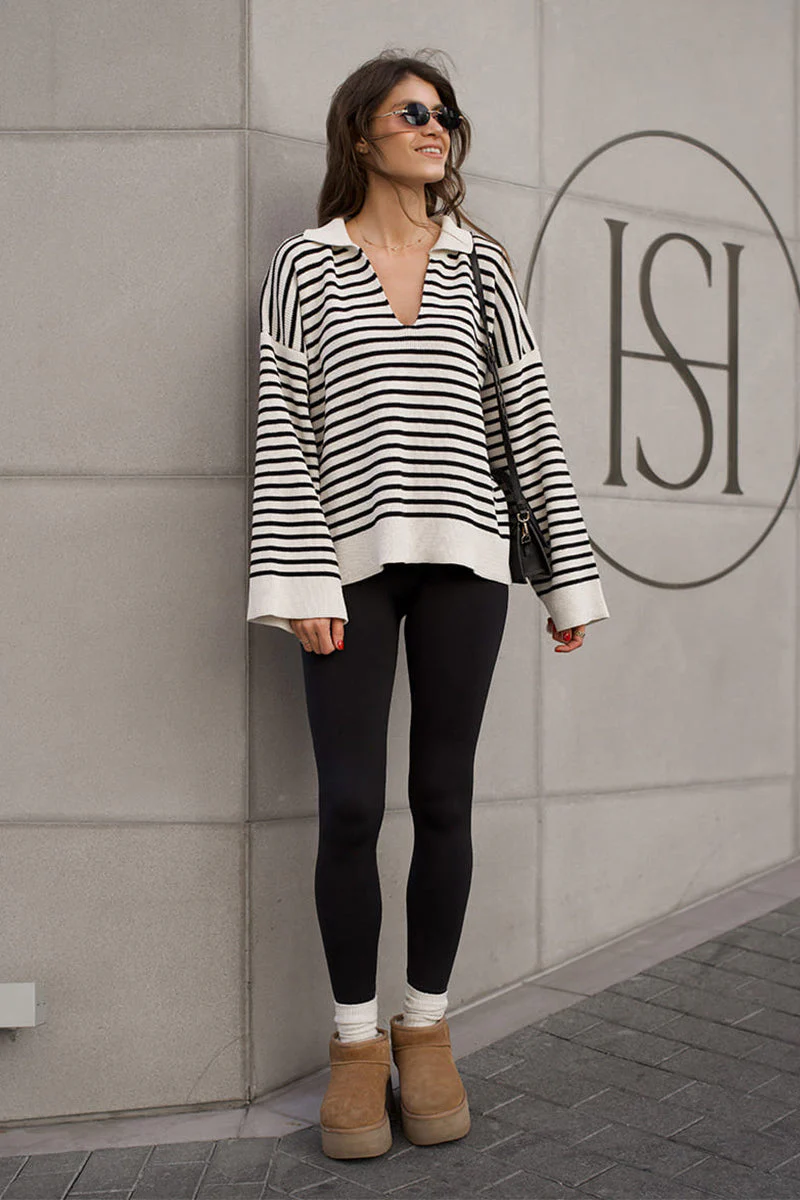Striped Polo Neck Loose Fit Knit Sweater - Image 5