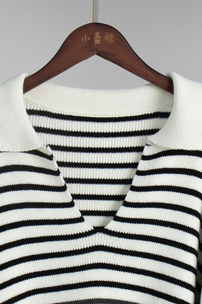Striped Polo Neck Loose Fit Knit Sweater - Image 6