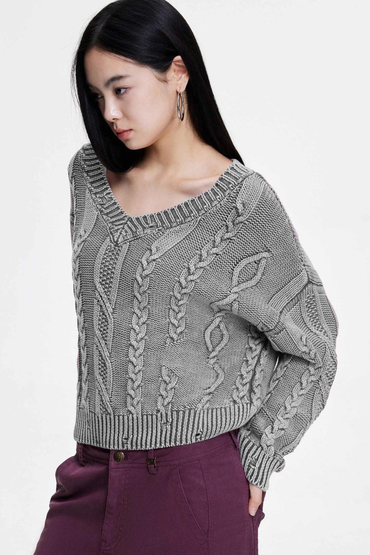 V-Neck Long Sleeve Cable Knit Sweater - Image 2