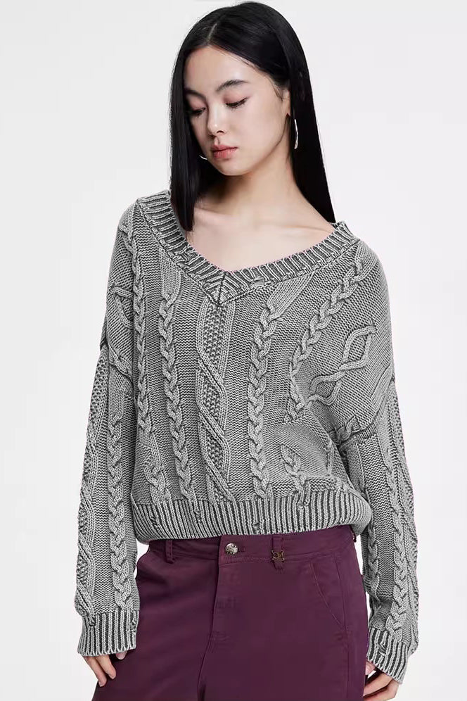 V-Neck Long Sleeve Cable Knit Sweater - Image 3