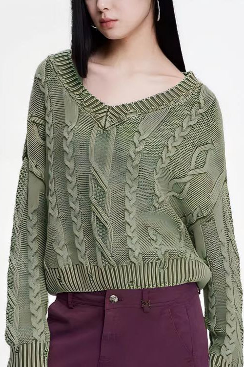 V-Neck Long Sleeve Cable Knit Sweater - Image 6