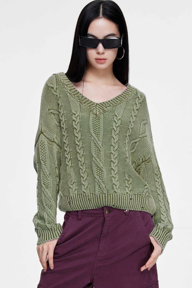 V-Neck Long Sleeve Cable Knit Sweater - Image 8