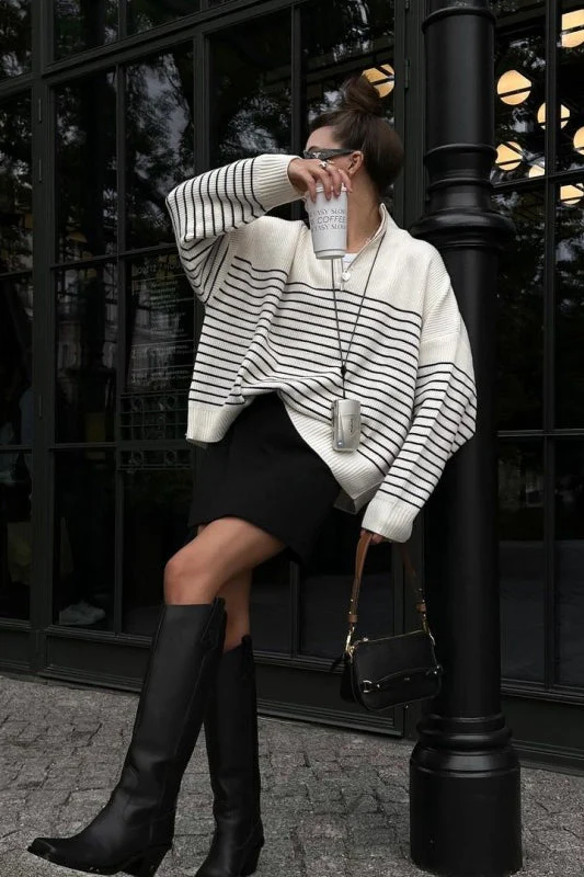 Striped Zip-Front Polo Knit Sweater - Image 4