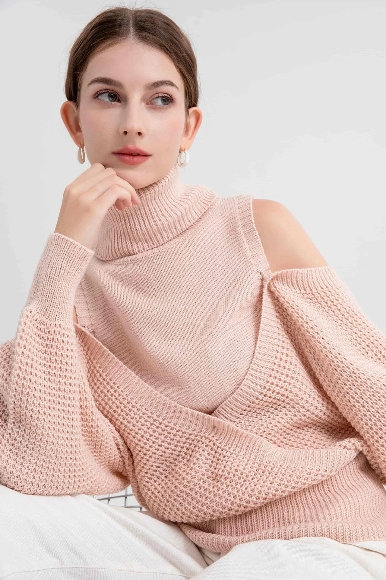 High Neck Off-Shoulder Double Layer Knit Sweater - Image 2