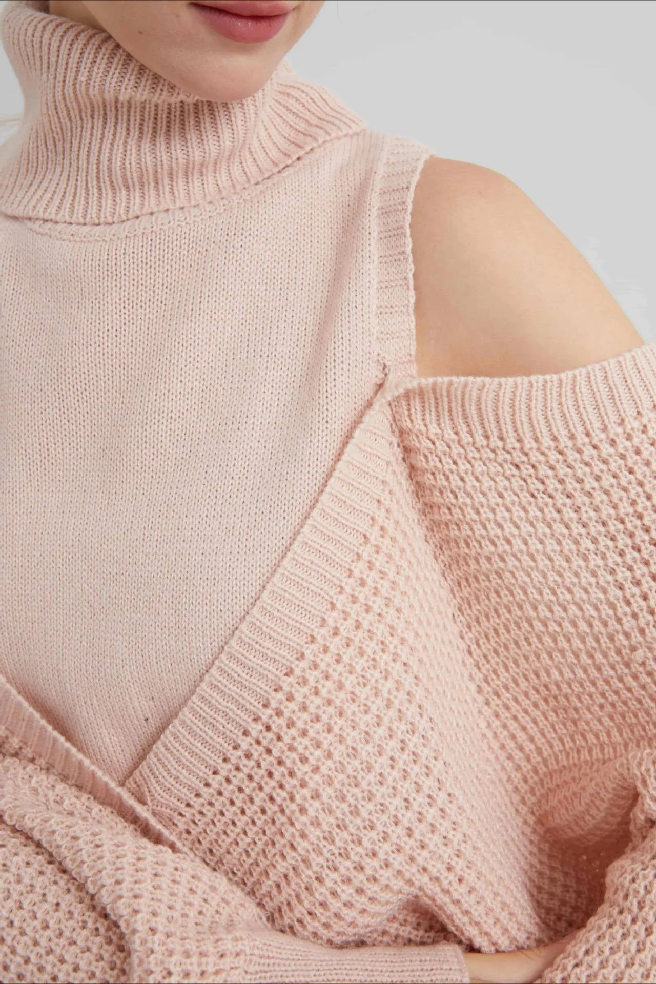 High Neck Off-Shoulder Double Layer Knit Sweater - Image 3