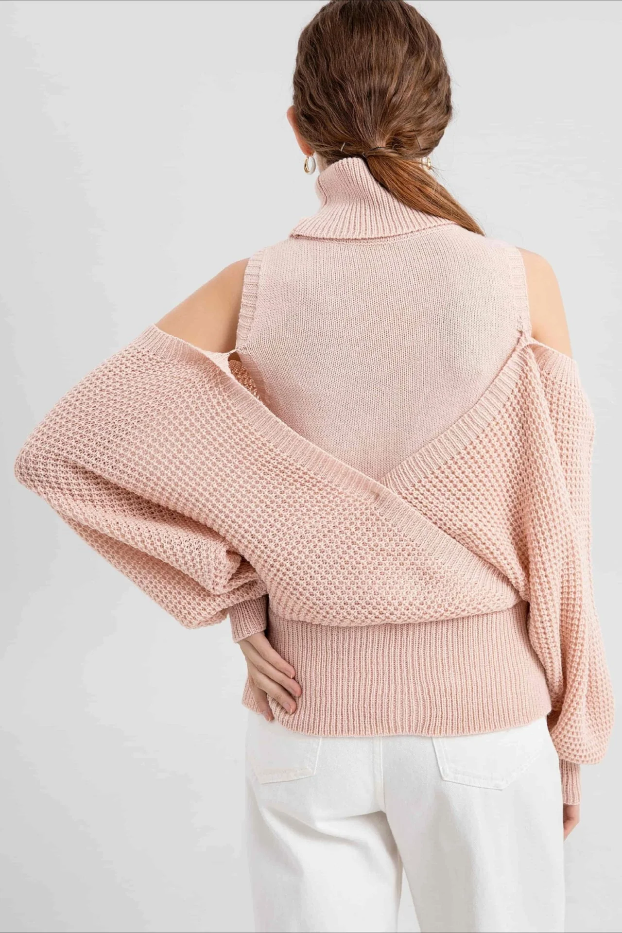 High Neck Off-Shoulder Double Layer Knit Sweater - Image 4
