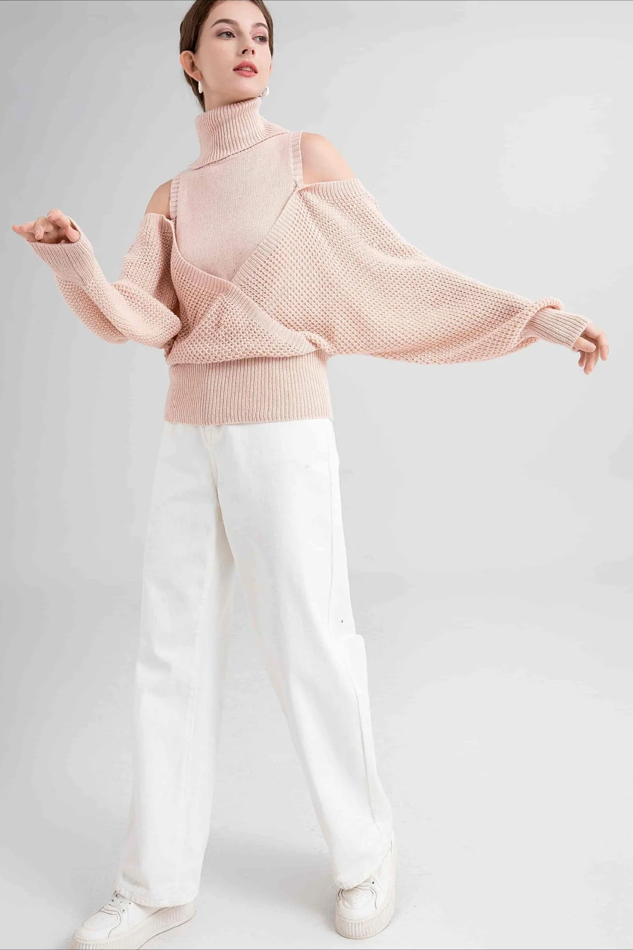 High Neck Off-Shoulder Double Layer Knit Sweater - Image 5