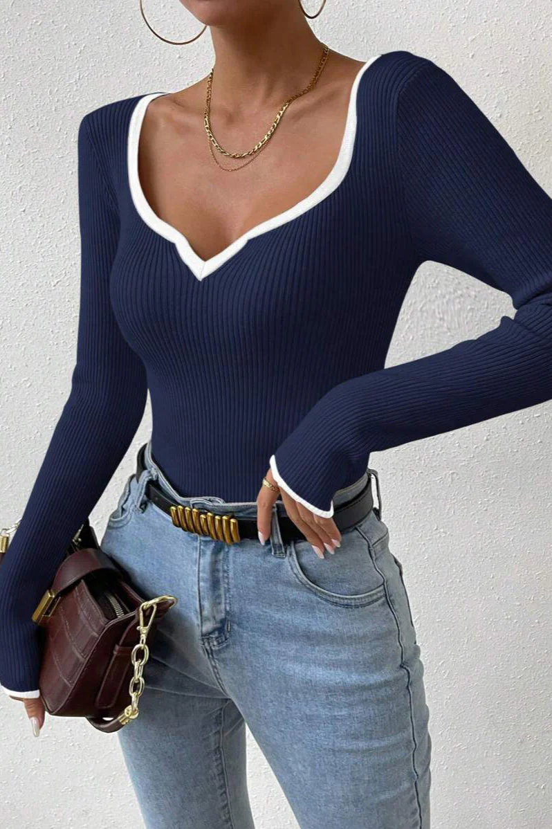 V-Neck Ribbed Fitted Knit Sweater - Image 3