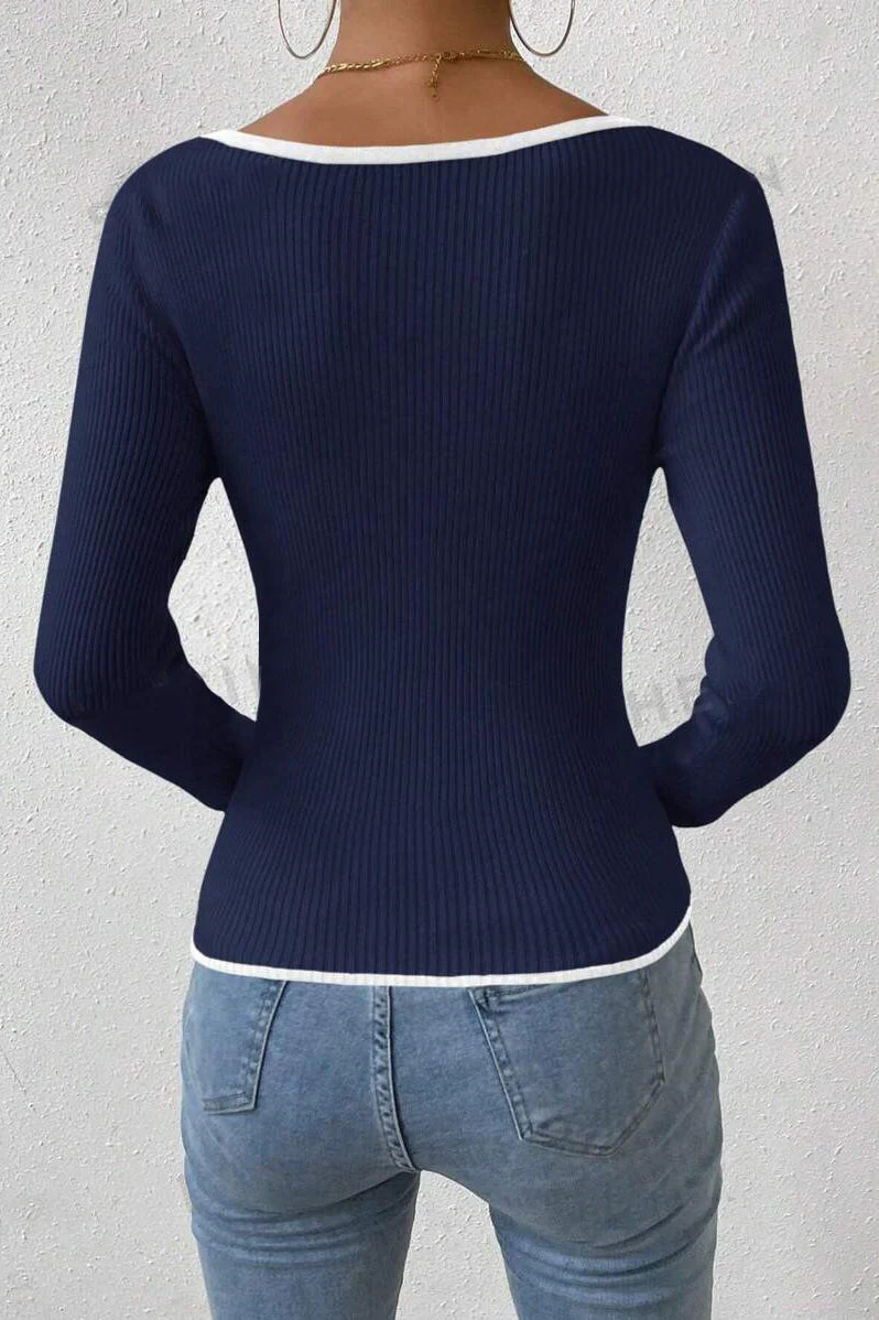 V-Neck Ribbed Fitted Knit Sweater - Image 4