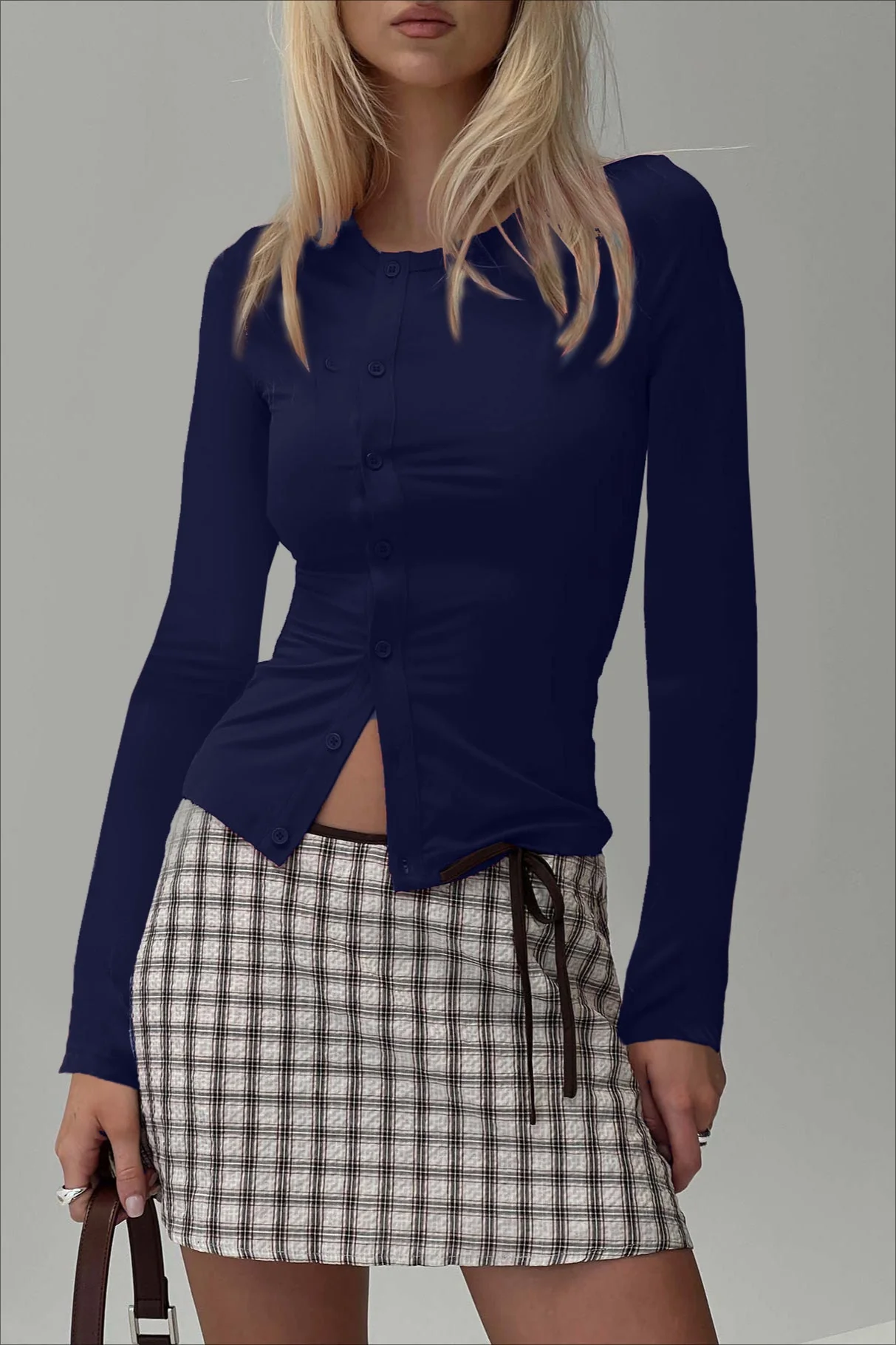 Buttoned Fitted Crew Neck Knit Sweater - Image 2