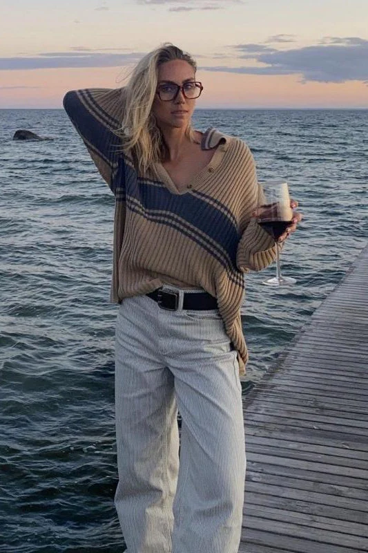 Striped Colorblock Long Sleeve Knit Sweater - Image 2