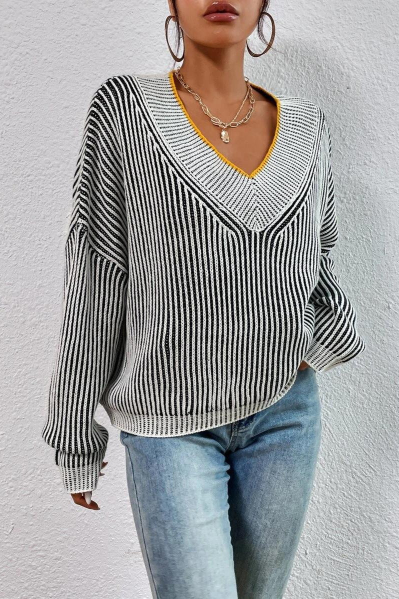 Striped Colorblock V-Neck Batwing Sweater - Image 2