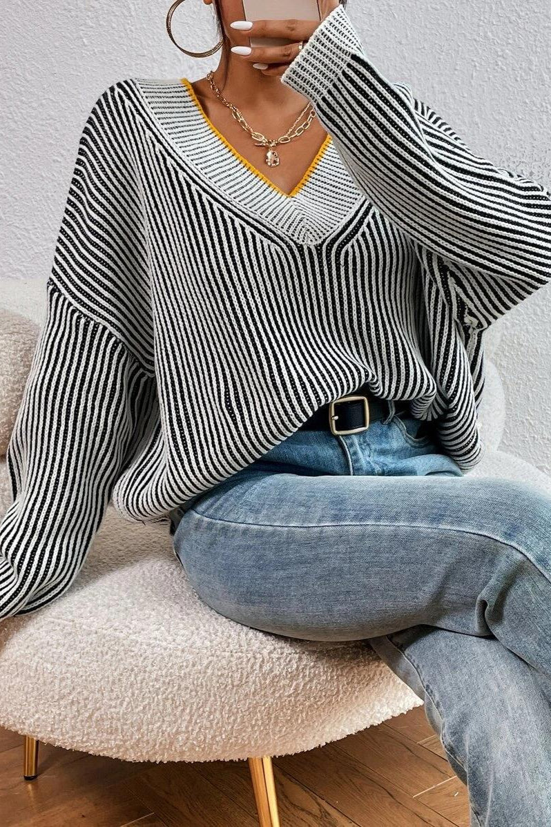 Striped Colorblock V-Neck Batwing Sweater - Image 4