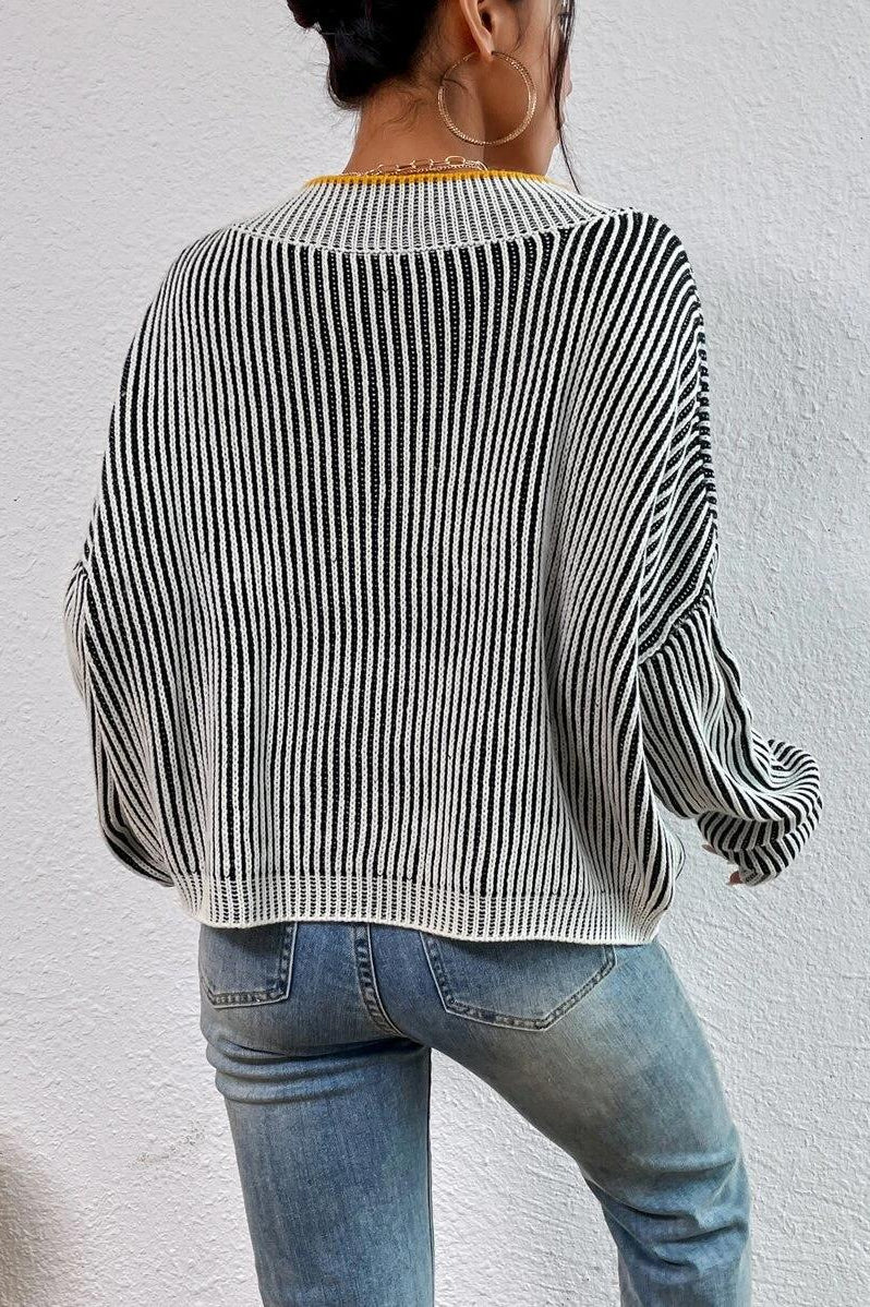 Striped Colorblock V-Neck Batwing Sweater - Image 5