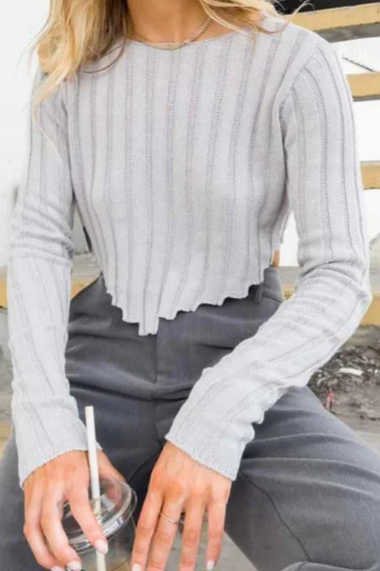 Solid Ribbed Cropped Knit Sweater - Image 2