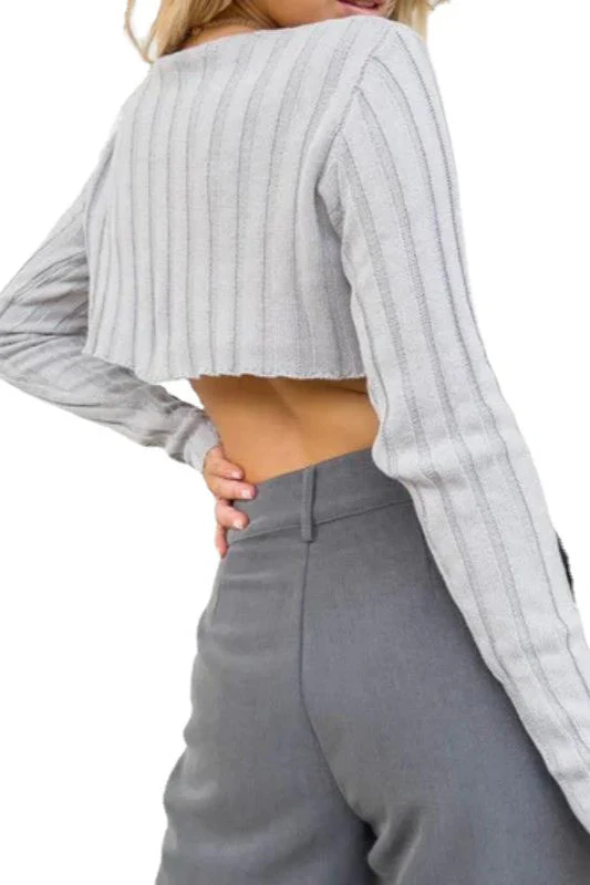 Solid Ribbed Cropped Knit Sweater - Image 3