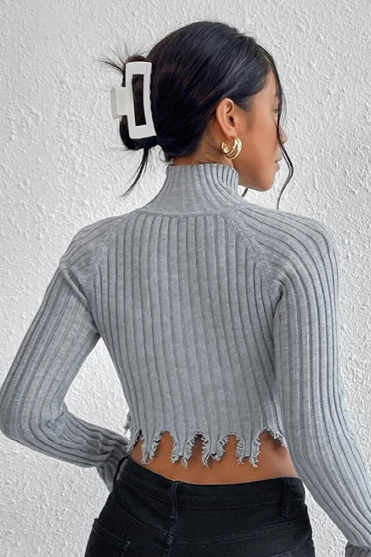 Distressed High Neck Cropped Knit Sweater - Image 4