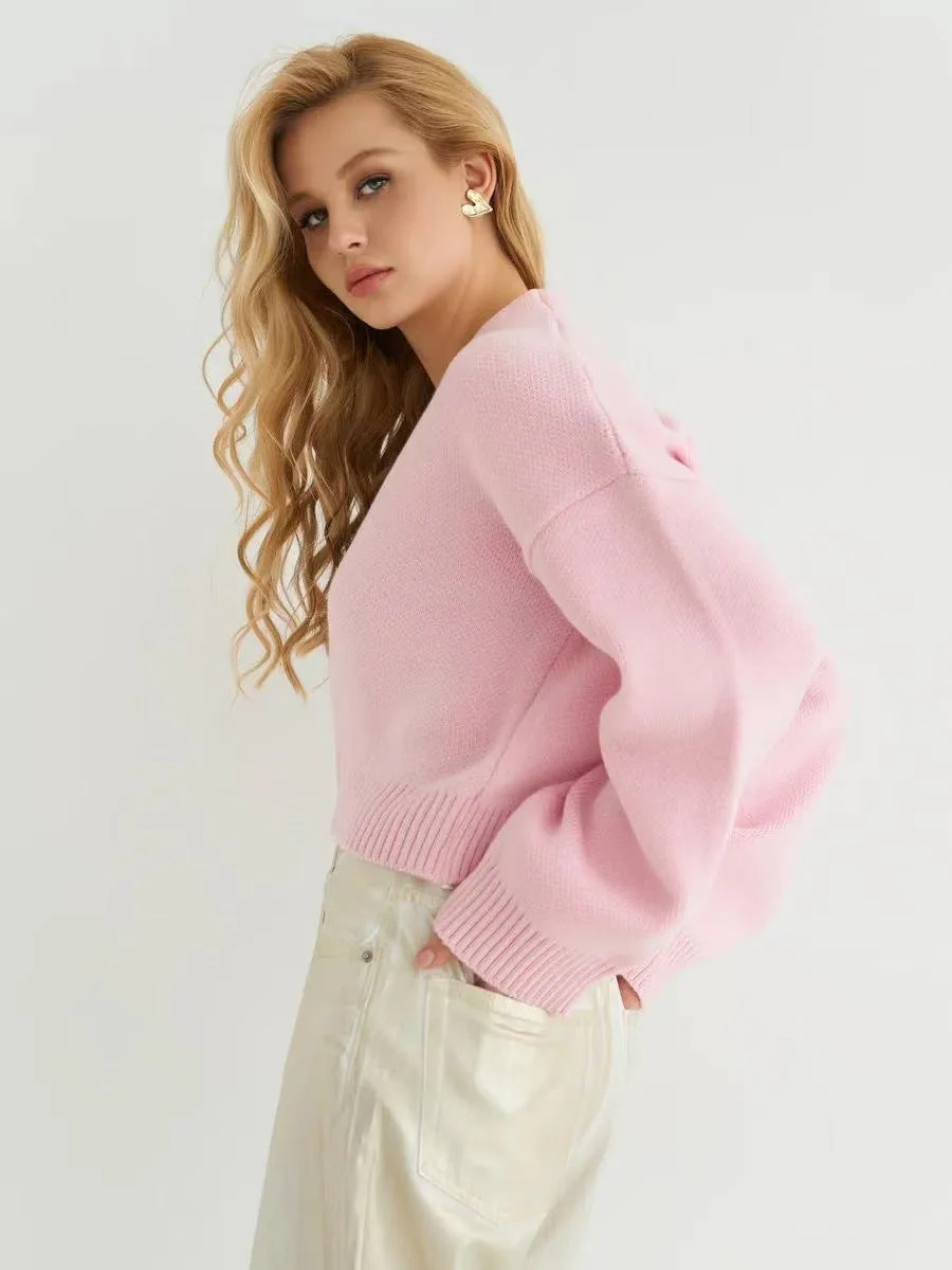 Custom Solid Color V-Neck Loose Knit Cardigan - Image 12
