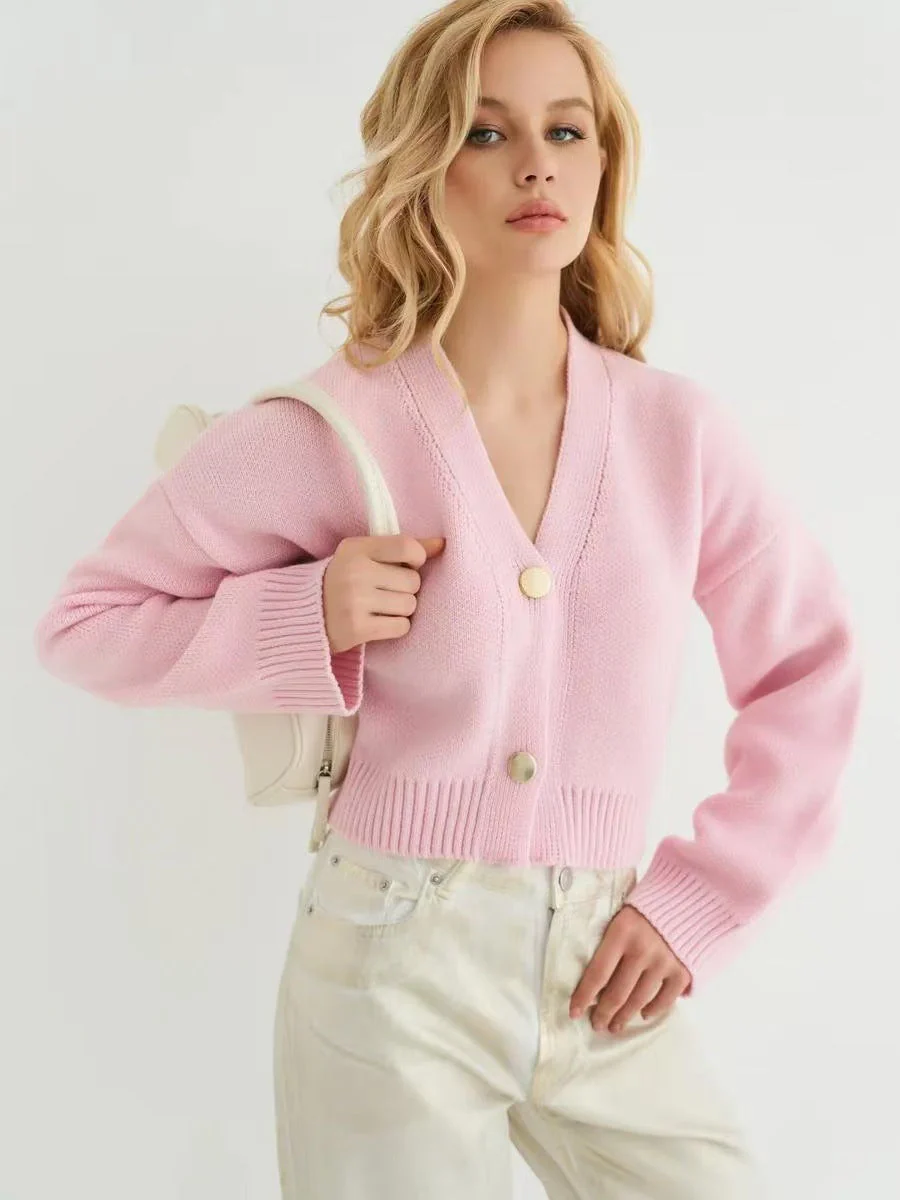 Custom Solid Color V-Neck Loose Knit Cardigan - Image 17