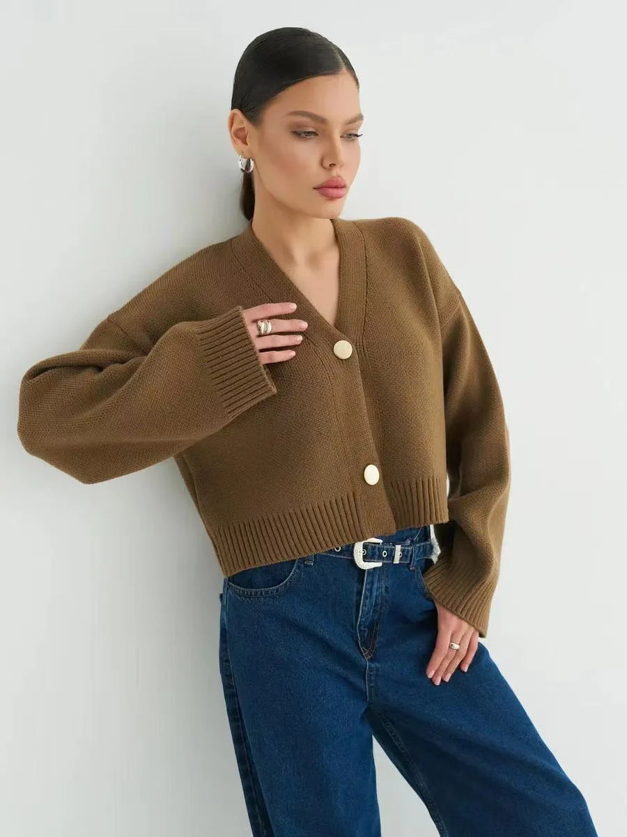Custom Solid Color V-Neck Loose Knit Cardigan - Image 19
