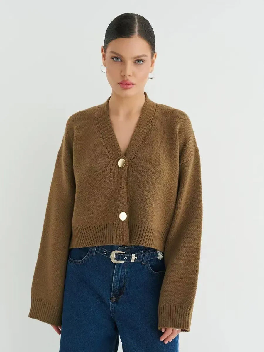 Custom Solid Color V-Neck Loose Knit Cardigan - Image 20