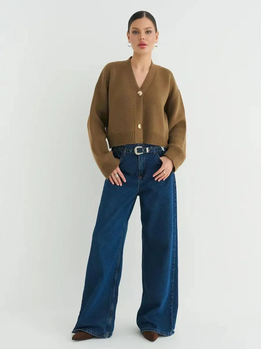 Custom Solid Color V-Neck Loose Knit Cardigan - Image 21
