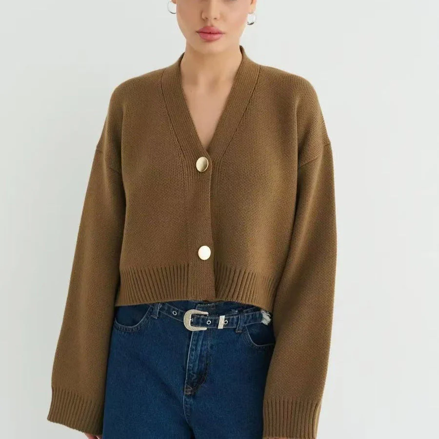 Custom Solid Color V-Neck Loose Knit Cardigan - Image 22