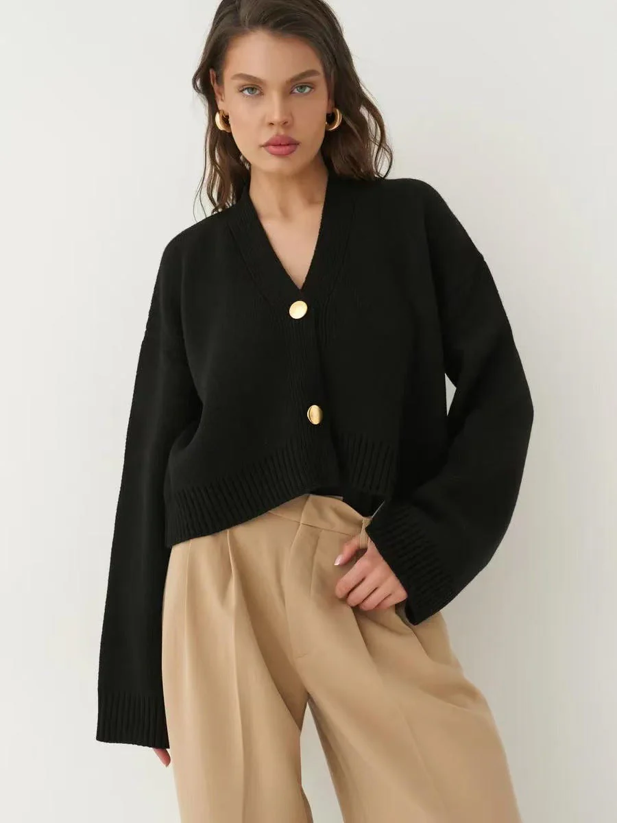 Custom Solid Color V-Neck Loose Knit Cardigan - Image 3