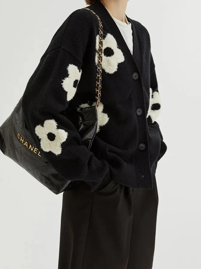 Jacquard Knit V-Neck Cardigan - Image 4