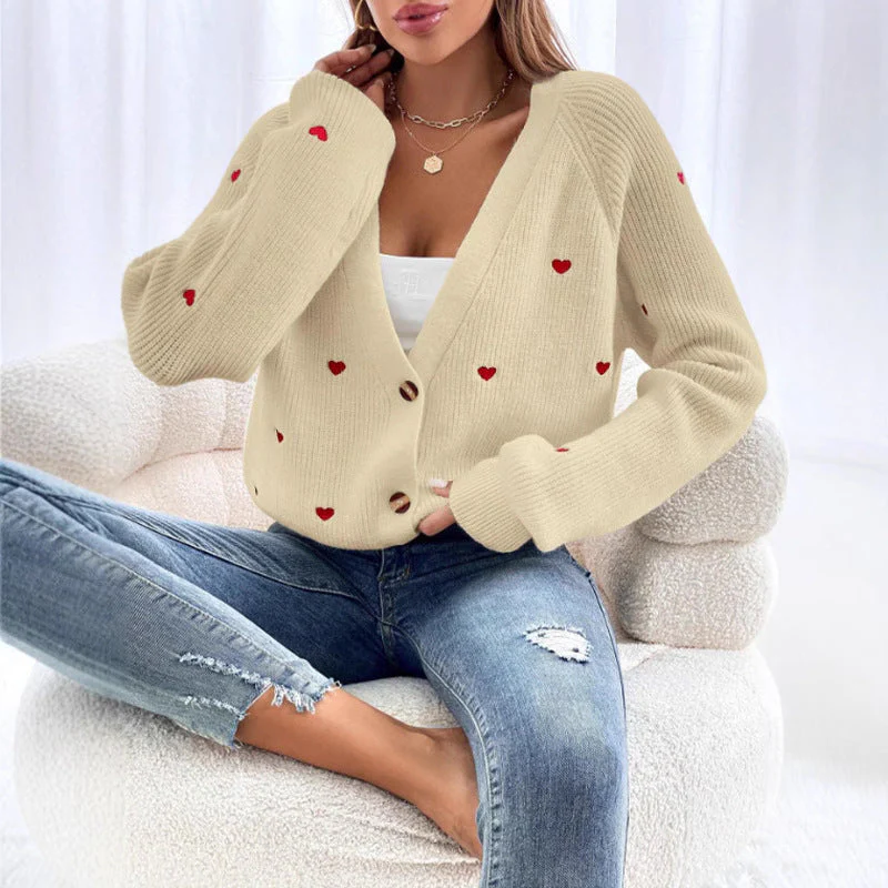 Heart Embroidery V-Neck Knit Cardigan - Image 10