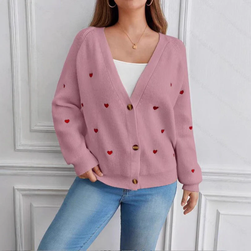 Heart Embroidery V-Neck Knit Cardigan - Image 11