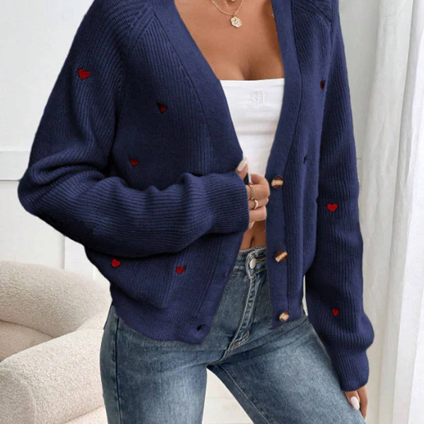 Heart Embroidery V-Neck Knit Cardigan - Image 13