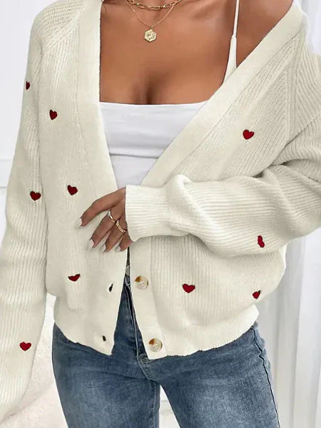 Heart Embroidery V-Neck Knit Cardigan - Image 14