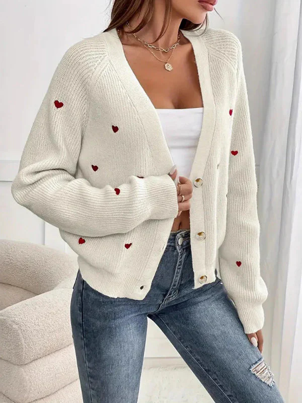 Heart Embroidery V-Neck Knit Cardigan - Image 15