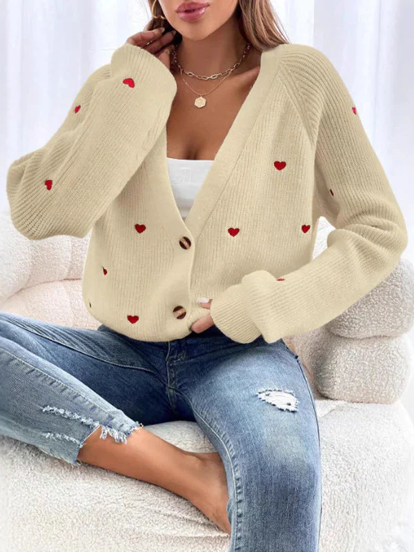 Heart Embroidery V-Neck Knit Cardigan - Image 17