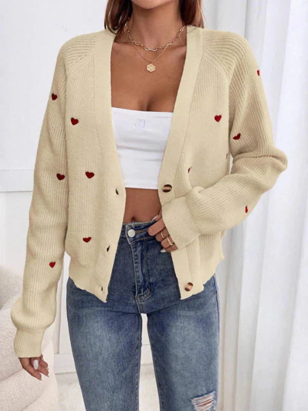 Heart Embroidery V-Neck Knit Cardigan - Image 18