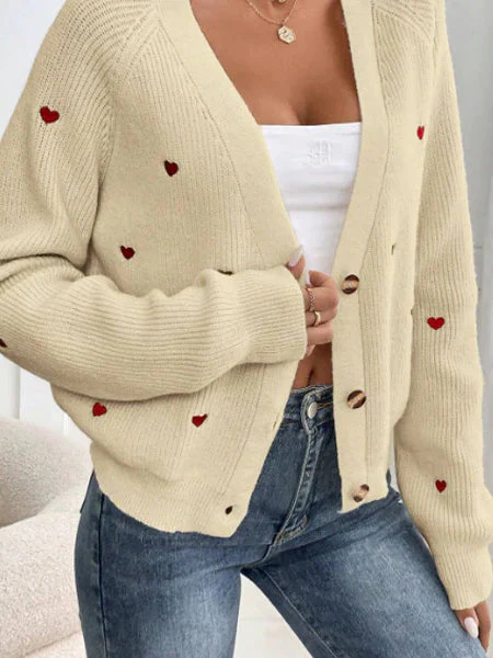 Heart Embroidery V-Neck Knit Cardigan - Image 19