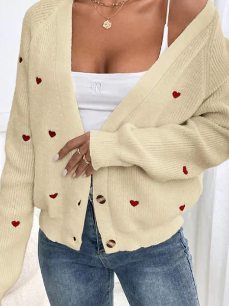 Heart Embroidery V-Neck Knit Cardigan - Image 20