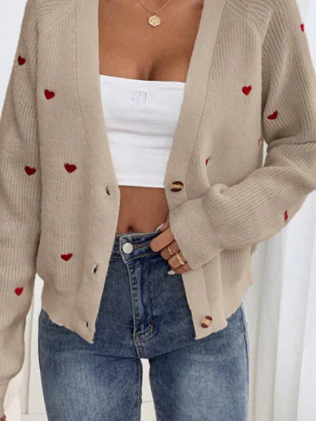 Heart Embroidery V-Neck Knit Cardigan - Image 3